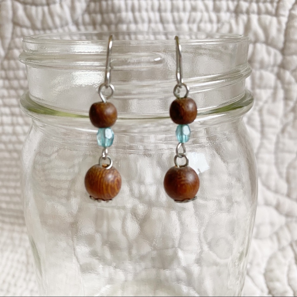 🏝️ Wood Sphere and Bead Drop Earrings